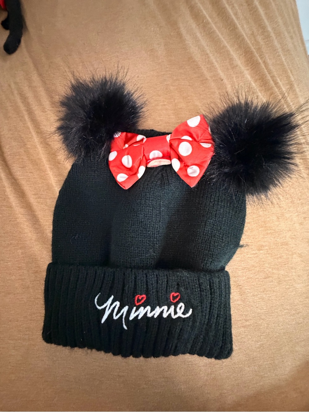 Disney Kids Black Knit Beanie with Red Polka Dot Bow